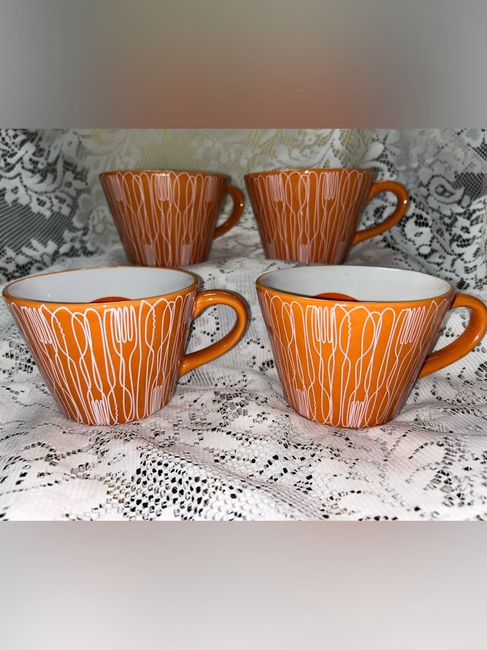 Food Network Orange & White Utensil Ceramic Coffee Cups  Set of 4